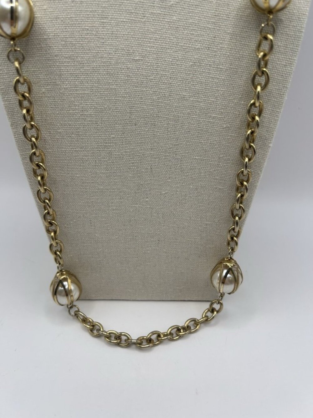Vintage Gold Tone Chain Faux Pearl Bead Station Necklace Long 30” Cottagecore - Picture 2 of 15